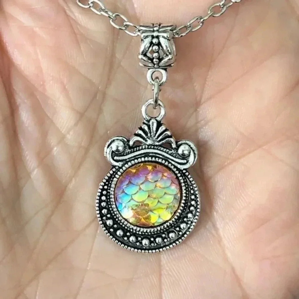 Mermaid Scale Beach Iridescent Round Circle Pendant Stainless Steel Necklace 1